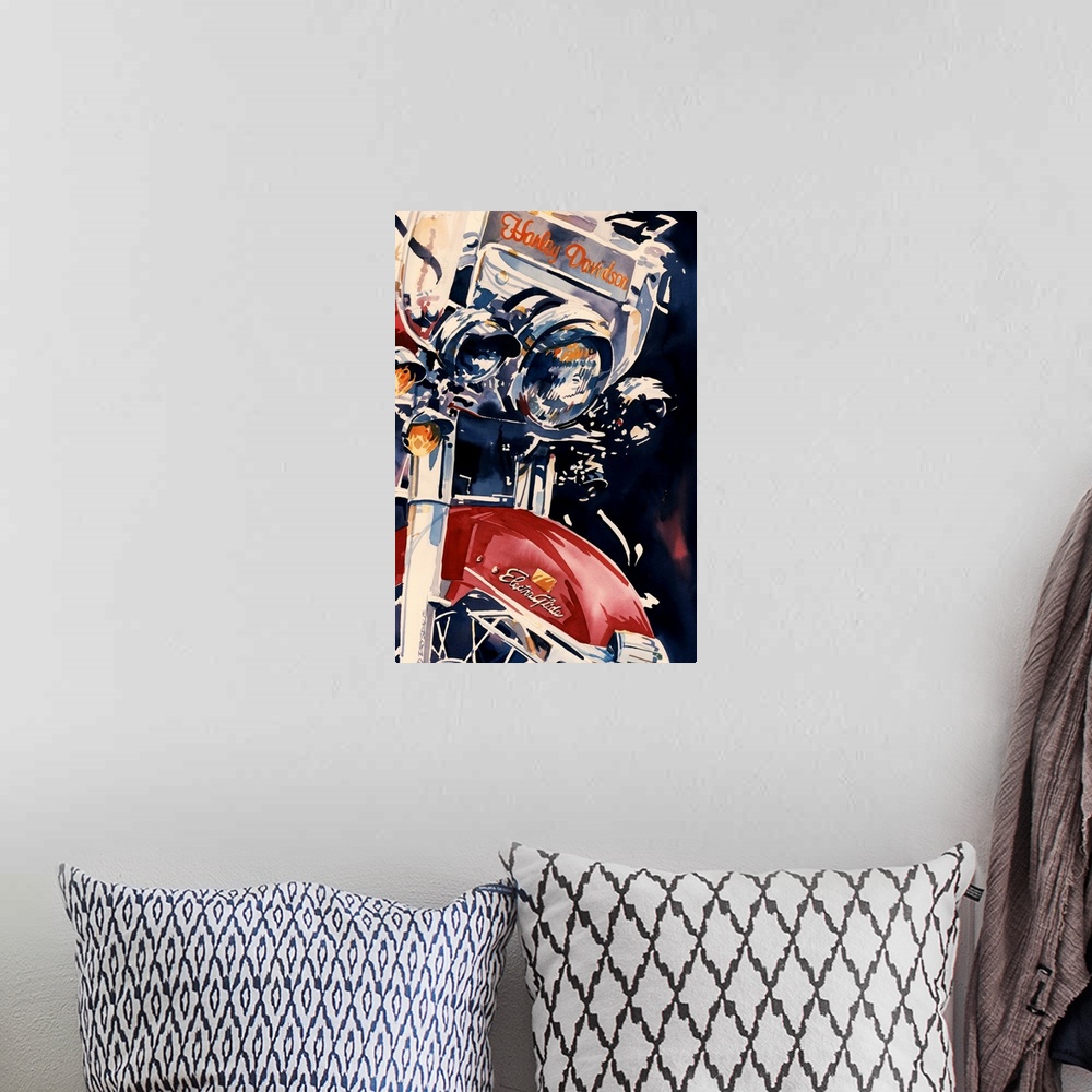 A bohemian room featuring Watercolor painting of the front of a red Harley Davidson up-close.