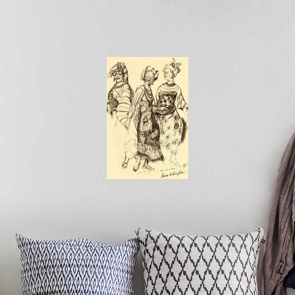 A bohemian room featuring Graphite illustration of three ladies in traditional African garb, including beaded jewelry and p...