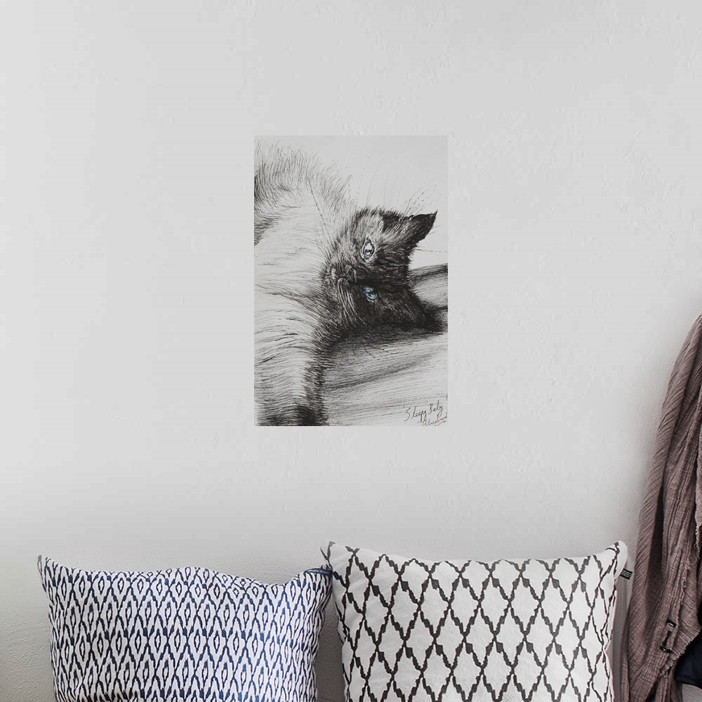 A bohemian room featuring Contemporary artwork of a cat laying on its side.