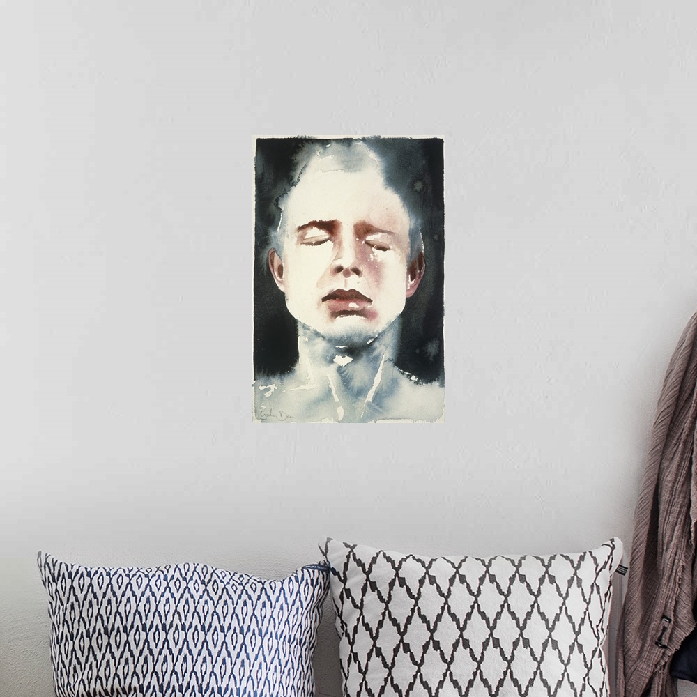 A bohemian room featuring Contemporary watercolor painting of a person with closed eyes is partially submerged in dark water.