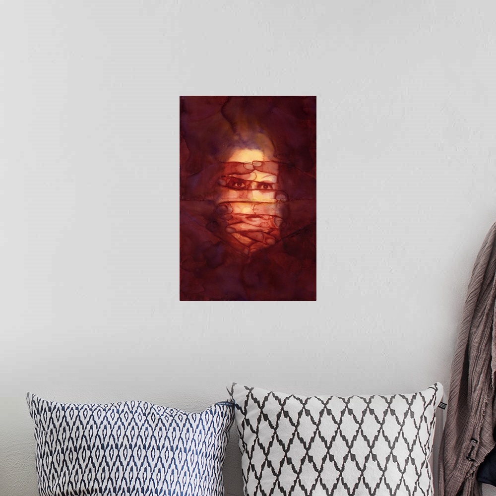 A bohemian room featuring Contemporary abstract painting of a face covered by overlapping fingers.