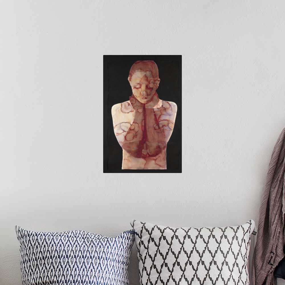 A bohemian room featuring Contemporary watercolor painting of woman with her hands around the back of her neck looking down.