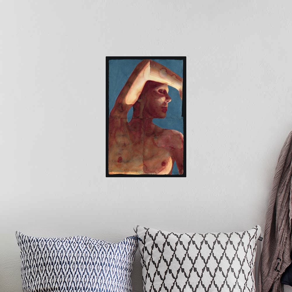 A bohemian room featuring Contemporary painting of a nude female with her arm raised over head against a blue background.