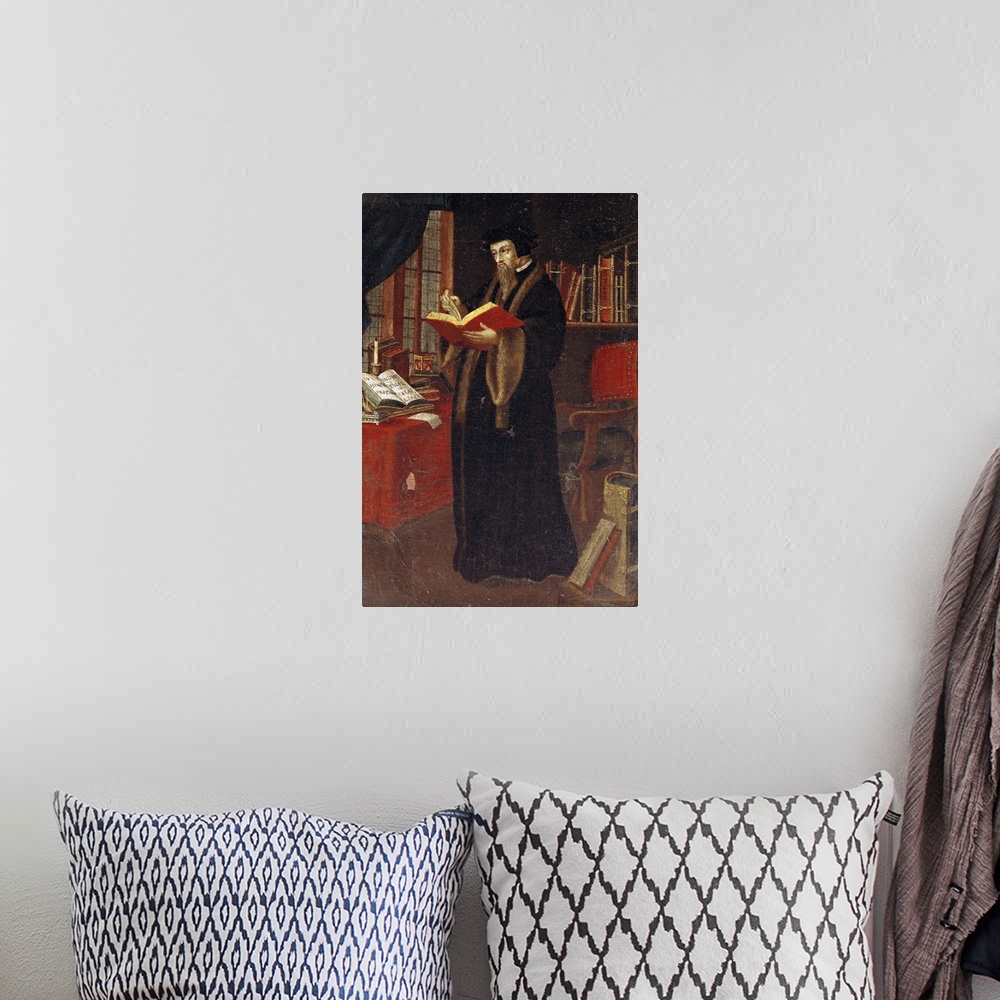 A bohemian room featuring XIR80412 Portrait of John Calvin (1509-64), French theologian and reformer (oil on canvas)  by Fr...