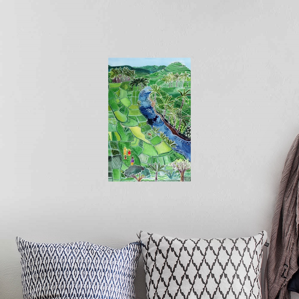 A bohemian room featuring Contemporary painting of a river flowing through a valley of agricultural fields.