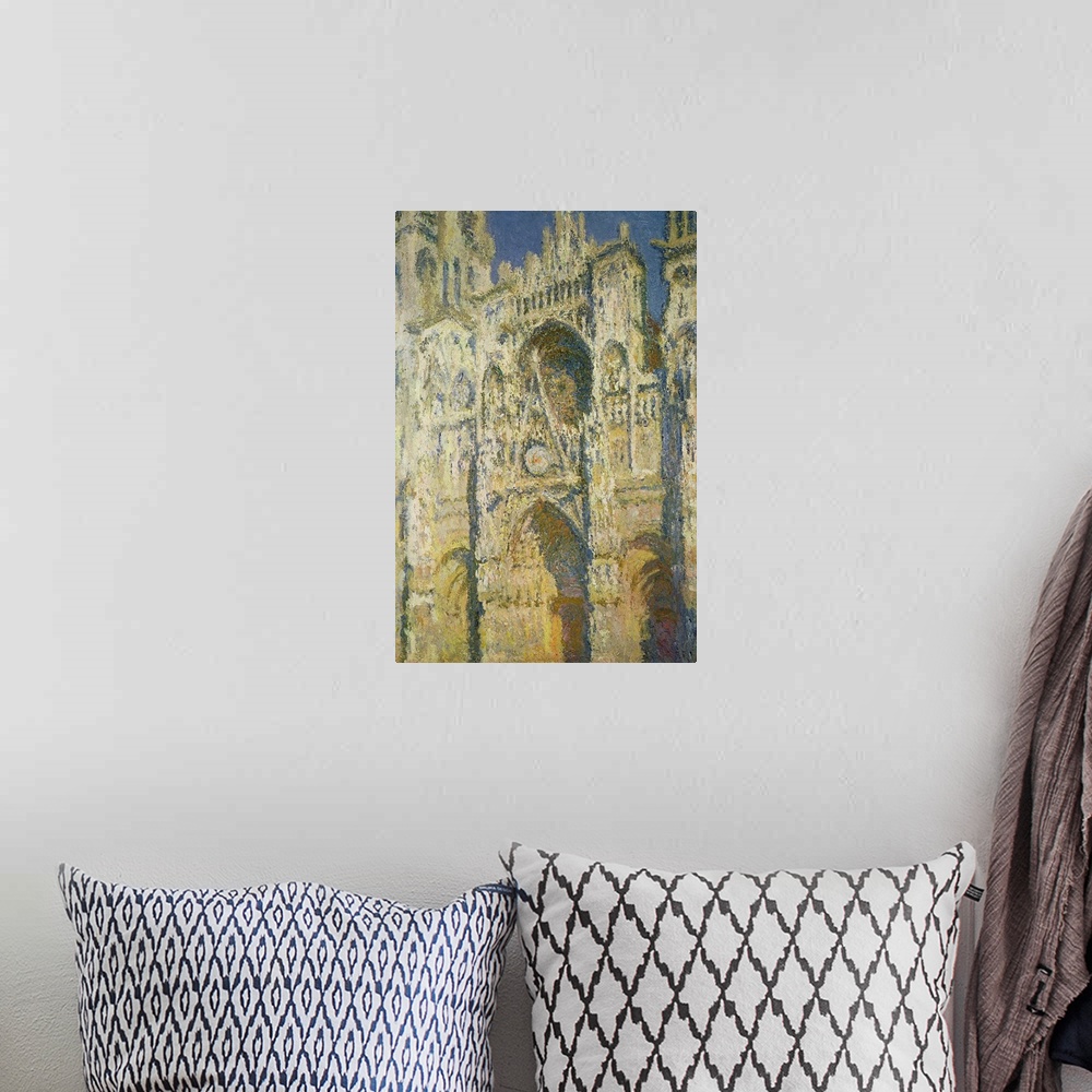 A bohemian room featuring Classic artwork of a painted cathedral that shows different textures.