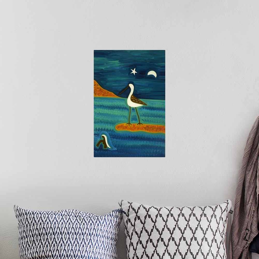 A bohemian room featuring Contemporary painting of a sandpiper on a sandbank at night.