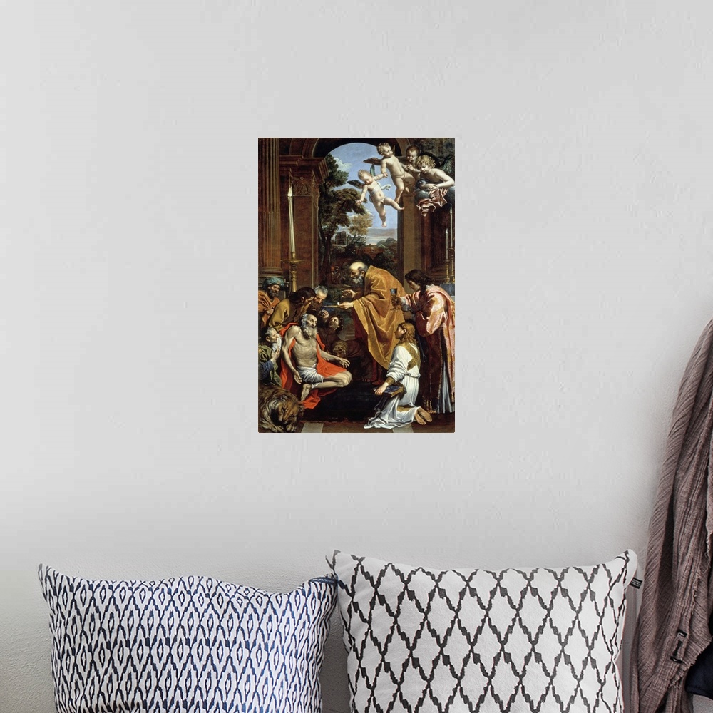 A bohemian room featuring XJL215045 The Last Sacrament of St. Jerome, 1614 (oil on canvas); by Domenichino (Domenico Zampie...