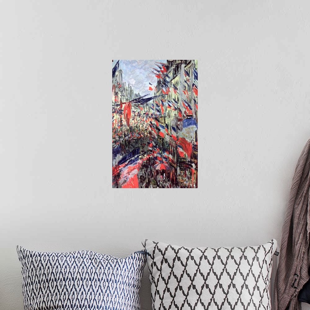 A bohemian room featuring This classic piece of artwork is a painting of a town with a street cutting through large buildin...