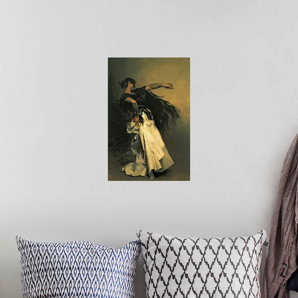 A bohemian room featuring Classic artwork of a Spanish dancer wearing a long white skirt and a black shawl which moves with...