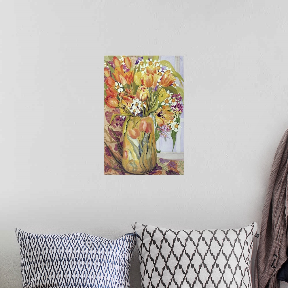 A bohemian room featuring Tulips and Narcissi in an Art Nouveau Vase