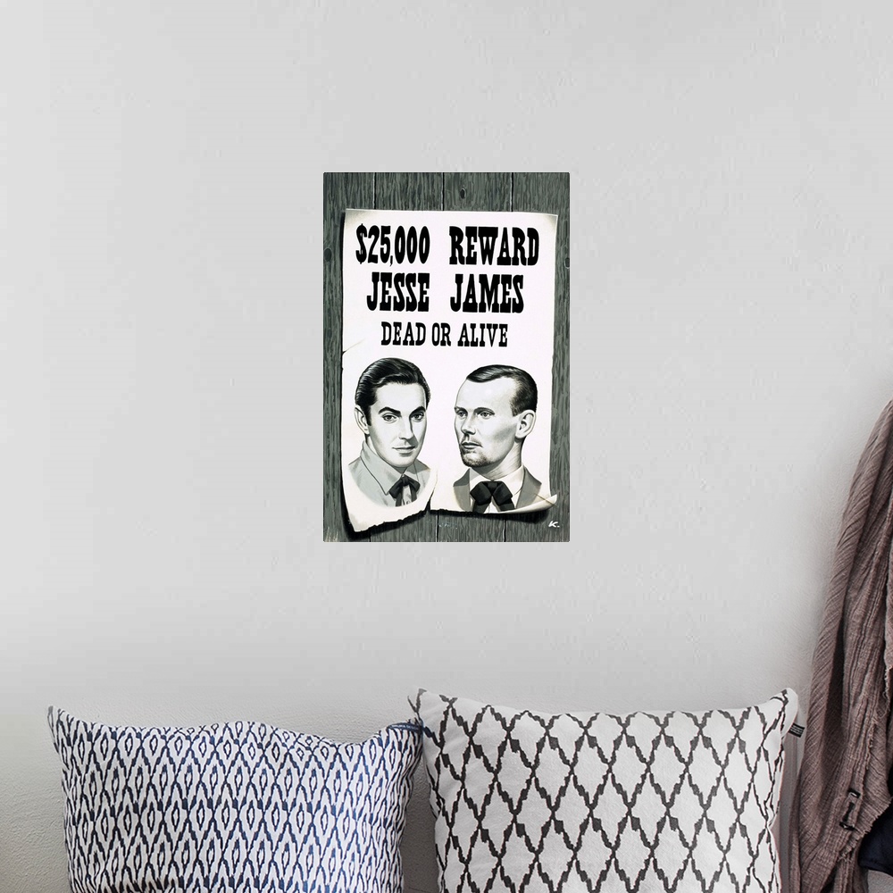 A bohemian room featuring Wanted poster for Jesse James