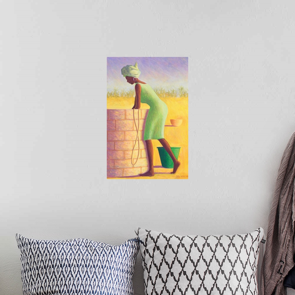 A bohemian room featuring Contemporary painting of a woman fetching water from a stone well.