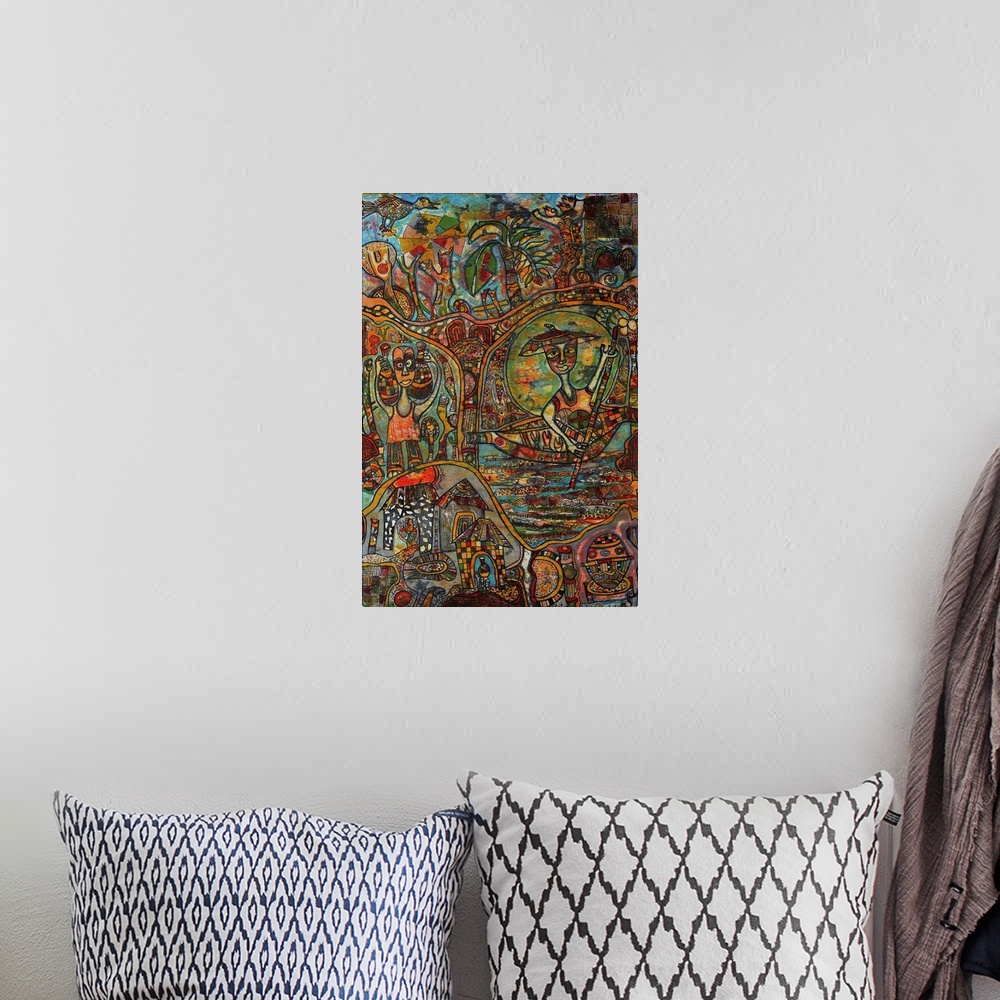 A bohemian room featuring Contemporary abstract painting using wild colors in ornate and decorative patterns.