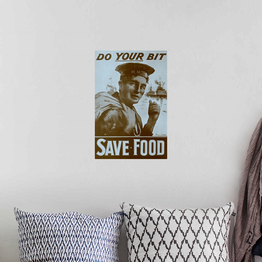 A bohemian room featuring World War 1 Food Economy Poster, 1917. Caption reads 'Do your bit: save food', message given by B...
