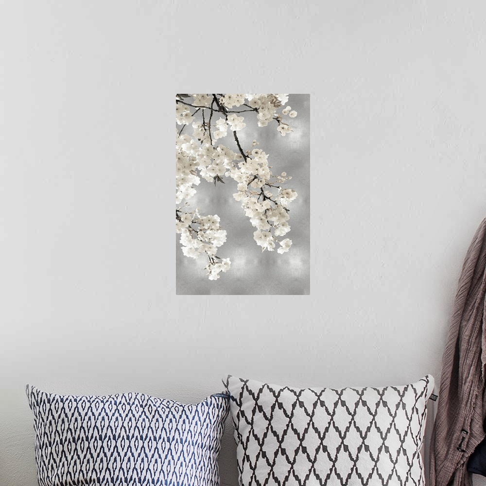 A bohemian room featuring White Blossoms on Silver I