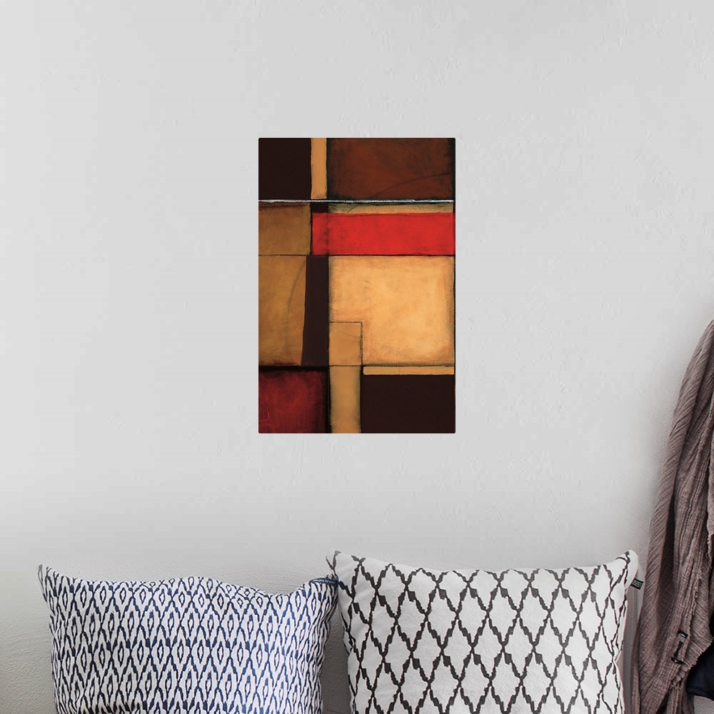 A bohemian room featuring Abstract painting of rectangle shapes overlapping in earth color tones.