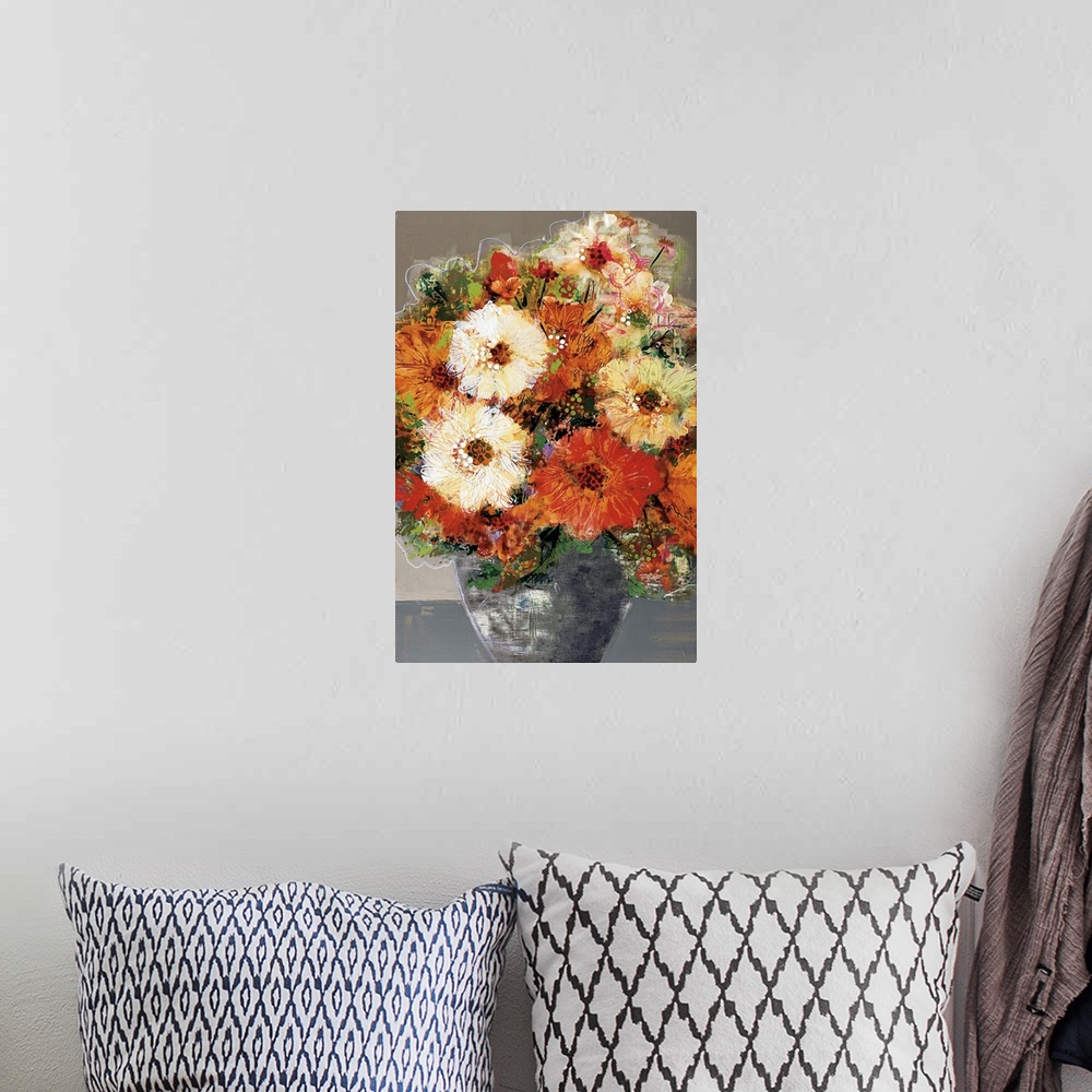 A bohemian room featuring A complementary painting of a large vase of bright orange and yellow flowers in a textured pattern.