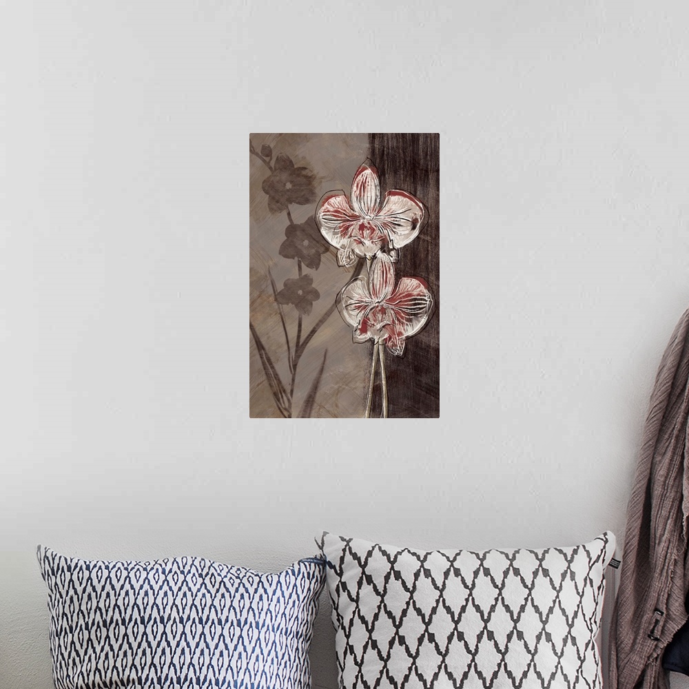 A bohemian room featuring Vertical artwork of white and red orchids in a sketch style with a black border on the right.