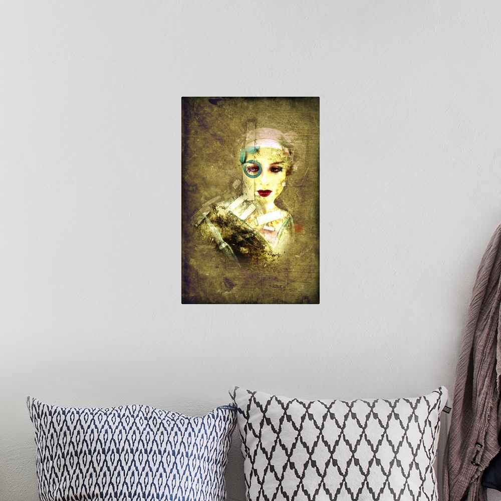 A bohemian room featuring A digital composite image of a lady with a blue circle around one eye and white bandages on face ...
