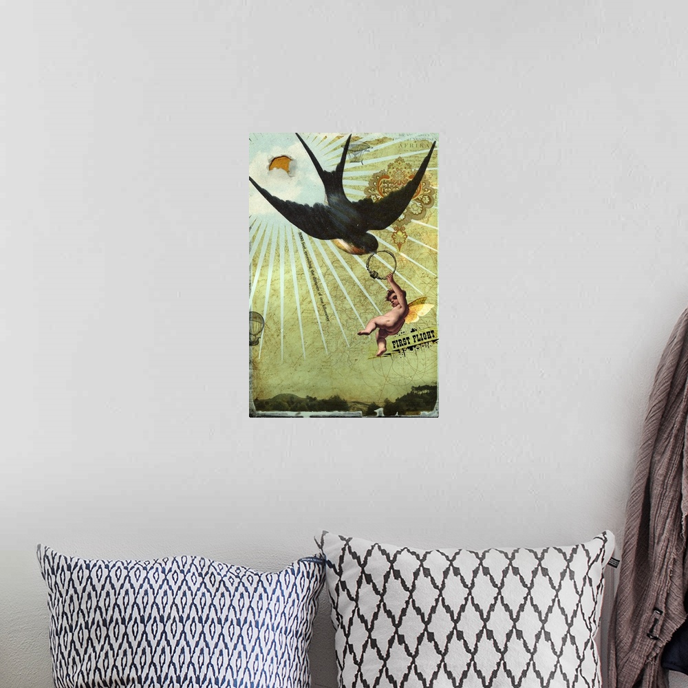 A bohemian room featuring A composite image of a young child with wings holding a ring that is being carried off by a bird.