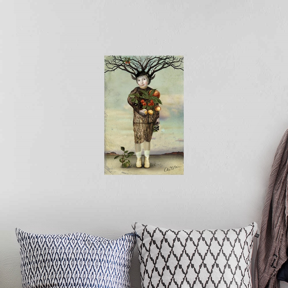 A bohemian room featuring A mythical creature is holding a variety of fruit from a harvest.