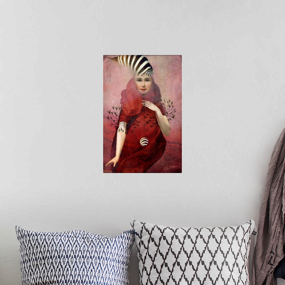 A bohemian room featuring A composite image of a woman in red holding a yo-yo.