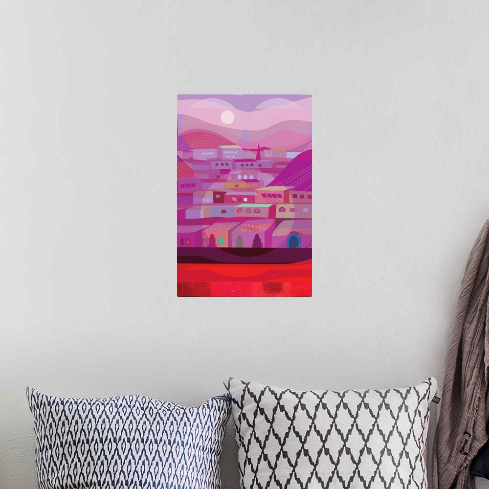 A bohemian room featuring A vertical illustration of houses near mountains, in various shades of pink with light circular a...