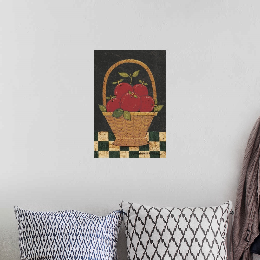 A bohemian room featuring Americana fruit basket by renowned folk artist Warren Kimble