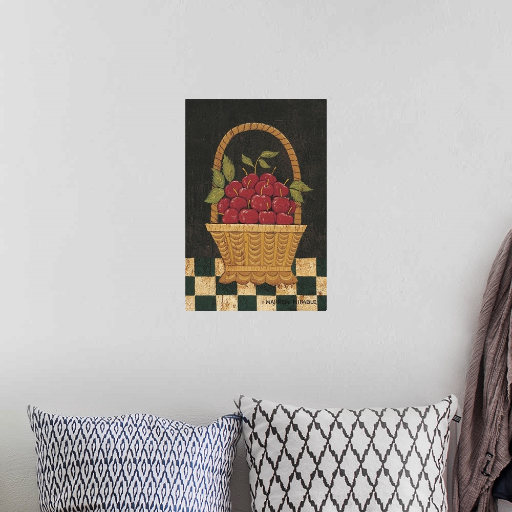 A bohemian room featuring Americana fruit basket by renowned folk artist Warren Kimble