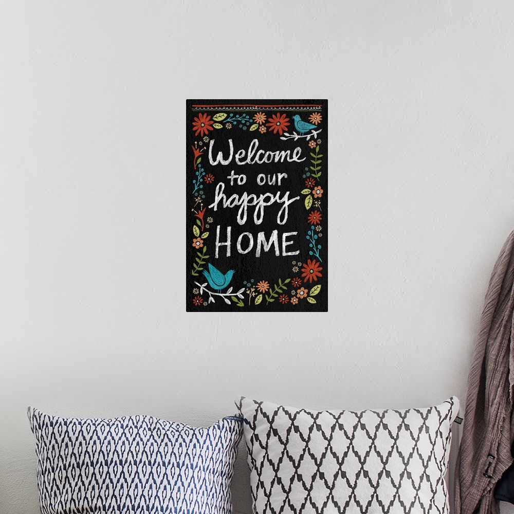 A bohemian room featuring Chalkboard art with a homespun message!