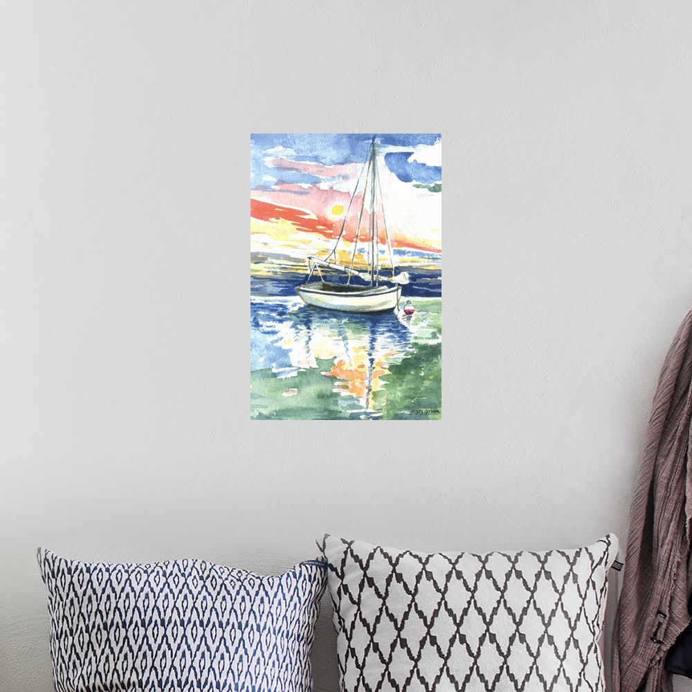 A bohemian room featuring Watercolor painting of a sailboat on the ocean at sunset.