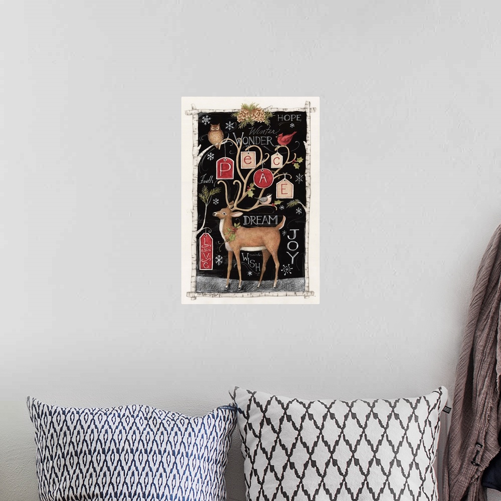 A bohemian room featuring A winter deer is the featured motif in this woodland scene.