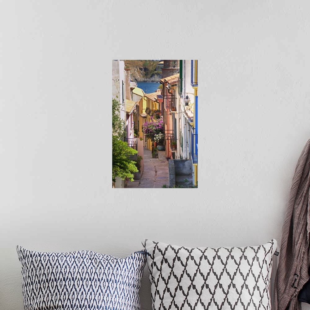 A bohemian room featuring A Narrow Street In The Old Town, Collioure, Roussillon, France