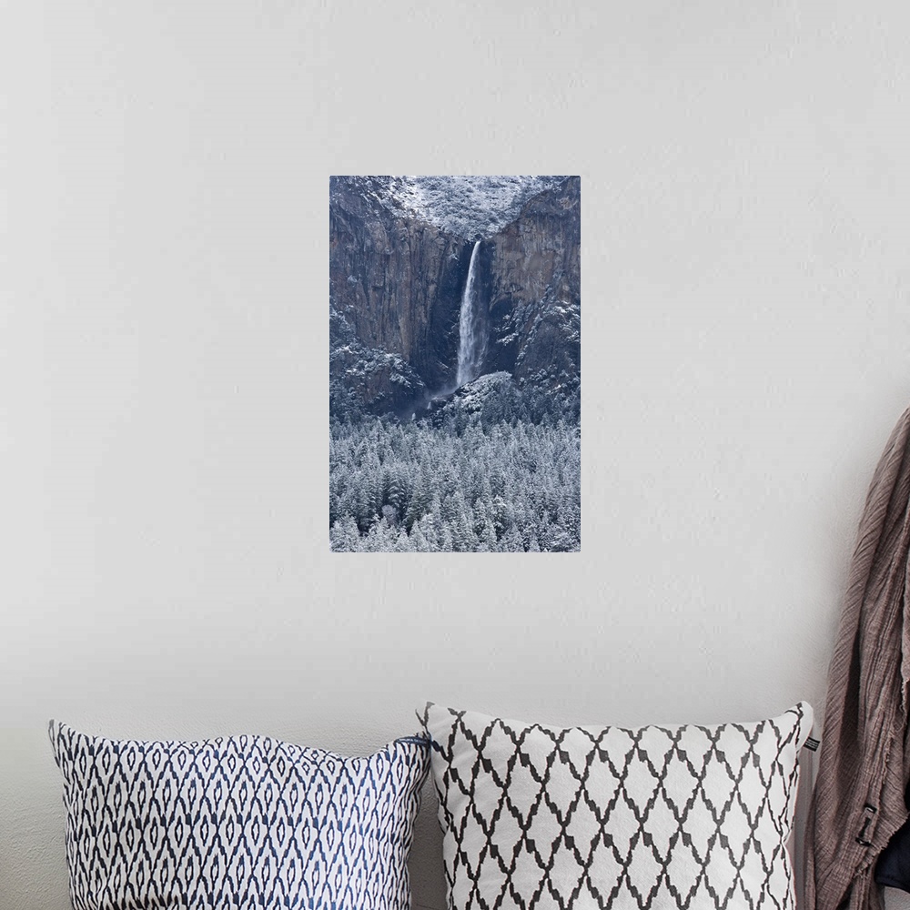 A bohemian room featuring Bridalveil Fall and Yosemite valley after a snow storm, Yosemite National Park, California.