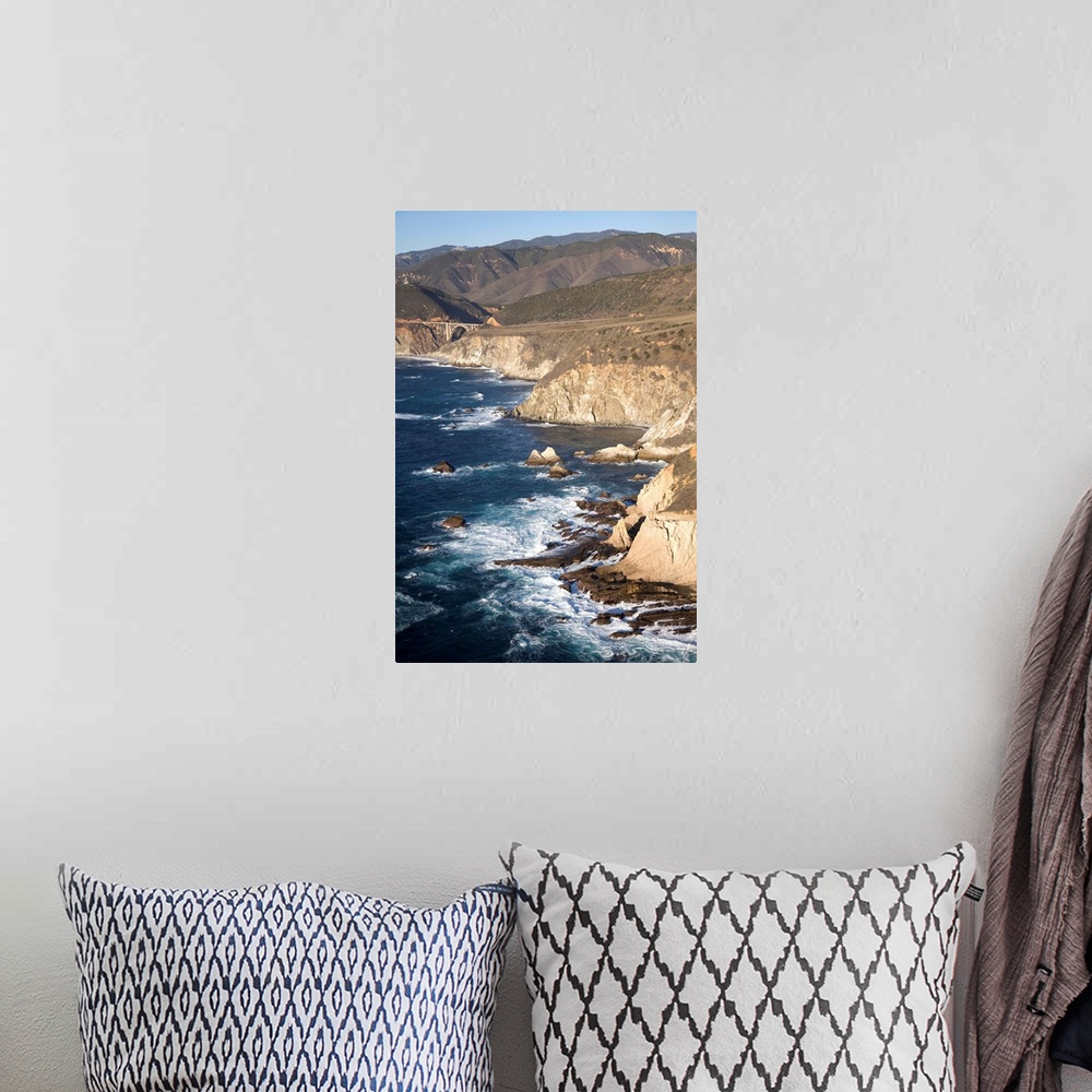 A bohemian room featuring California, Big Sur. Ragged and rough cliffs drop down to the sweeping coastline on Highway 1, Bi...