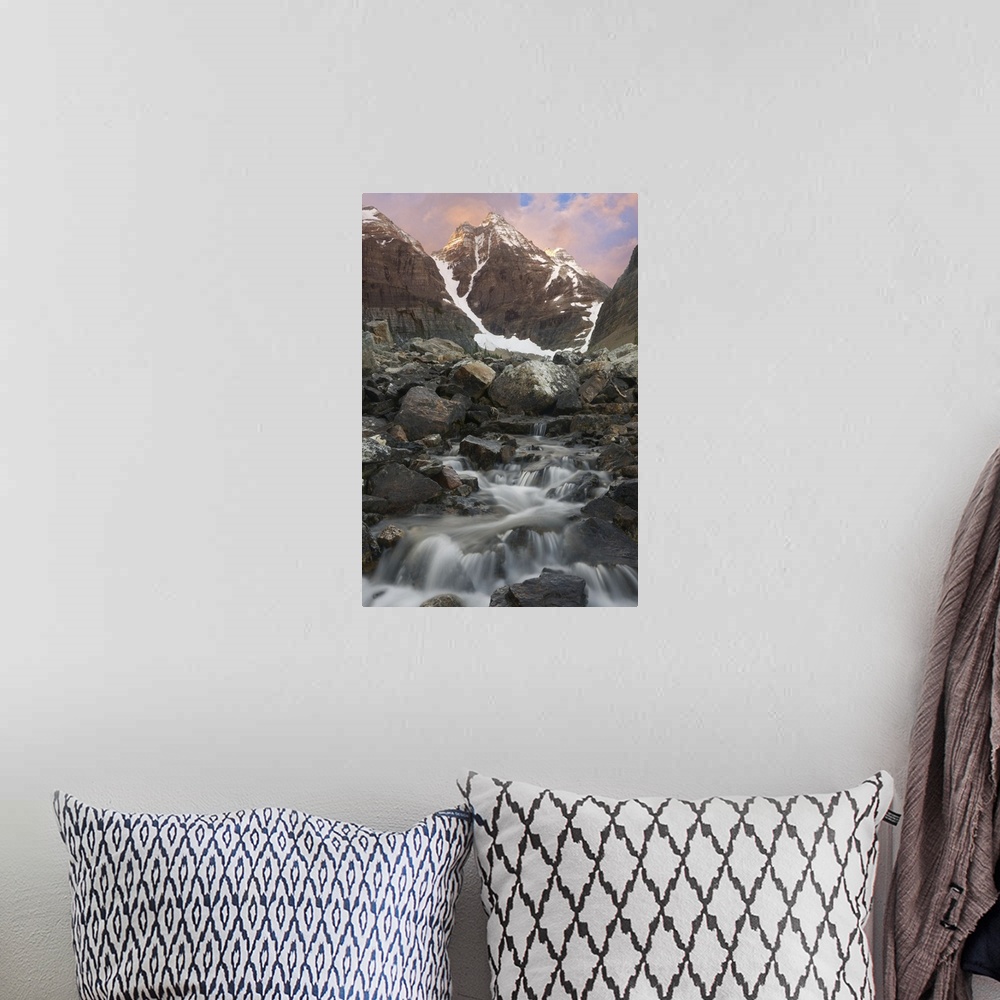 A bohemian room featuring Canada, British Columbia, Yoho National Park. Sunrise over small rapids and Cathedral Mountain. C...