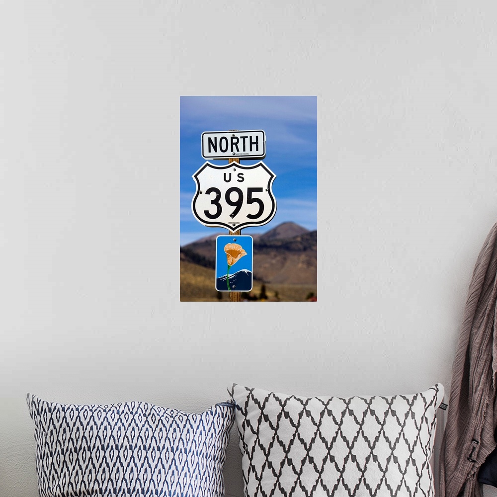 A bohemian room featuring An upward view of a Highway 395 North sign post including a California Scenic Highway sign.