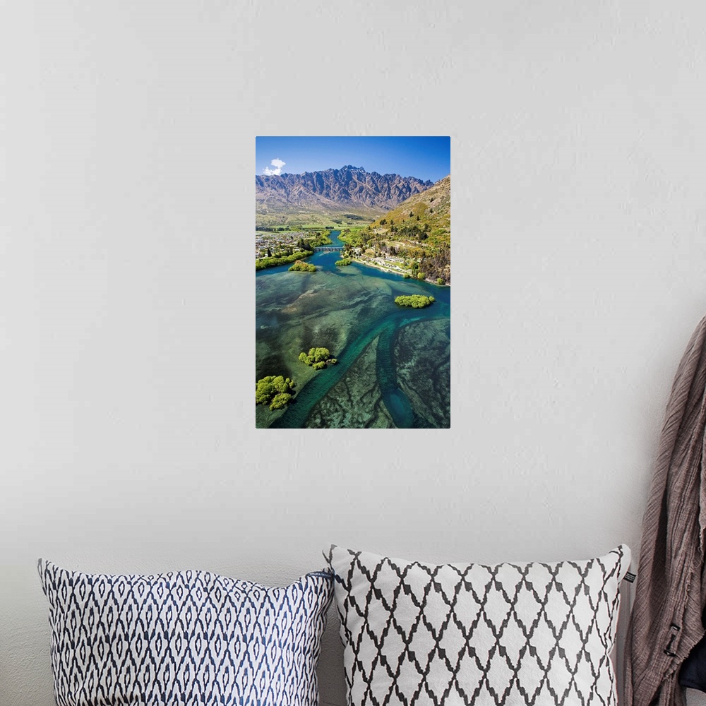 A bohemian room featuring Lake Wakatipu, Kawarau River, and The Remarkables, Queenstown, South Island, New Zealand - aerial