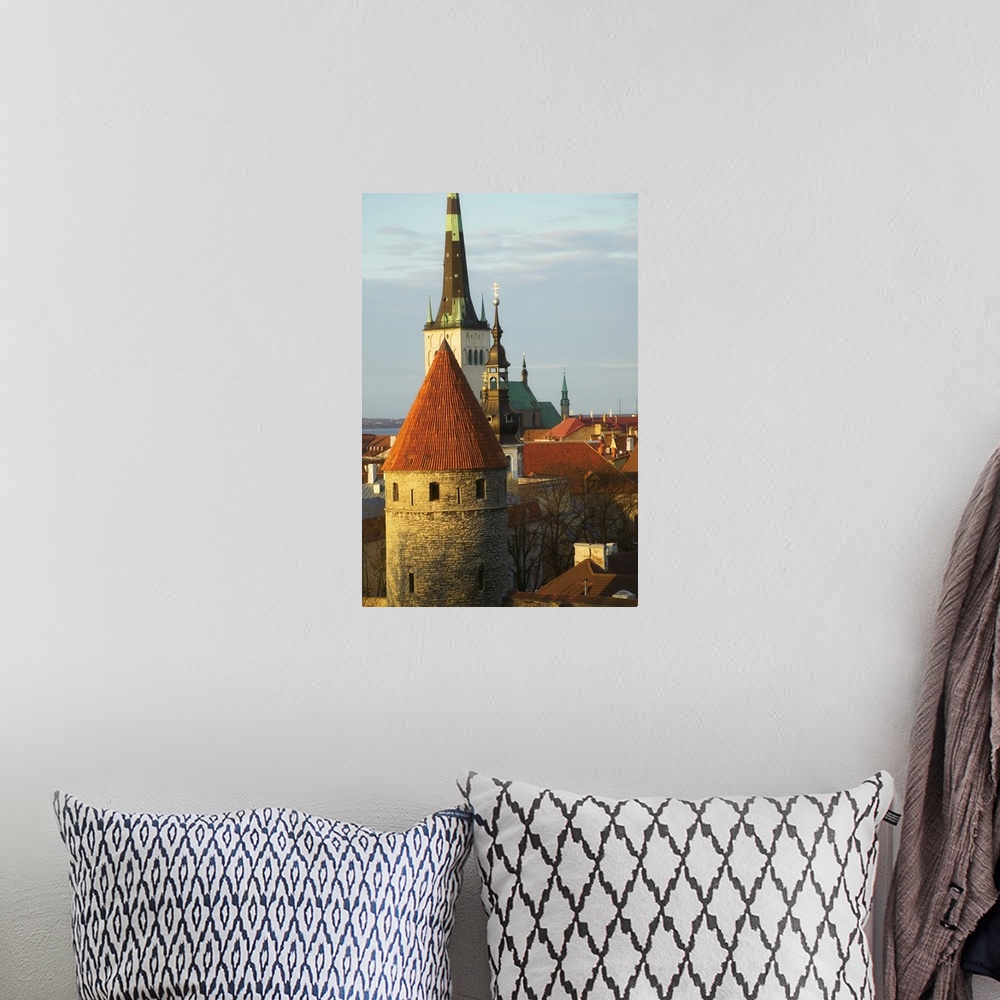 A bohemian room featuring Tallinn cityscape dominated by St. Olaf's Church and city wall towers, Estonia