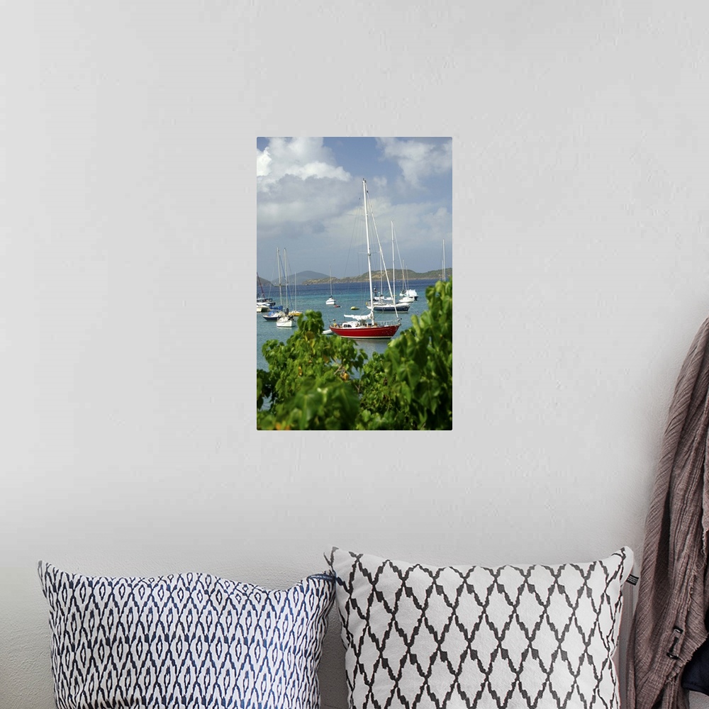 A bohemian room featuring Caribbean, U.S. Virgin Islands, St. John, Cruz Bay. Boats in the harbor at Cruz Bay.