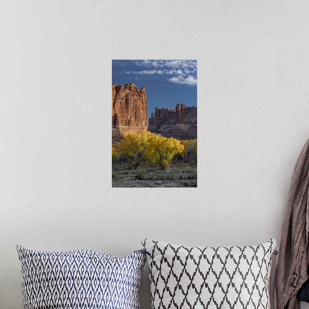 A bohemian room featuring USA, Utah. Autumn cottonwoods and the Three Gossips at sunset, Arches National Park.