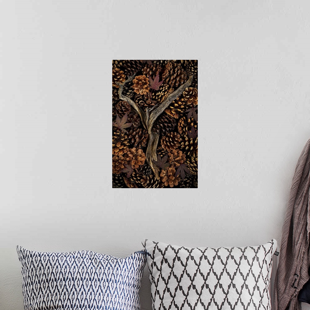 A bohemian room featuring USA, Washington state, Seabeck. Pine cones and fall leaves.