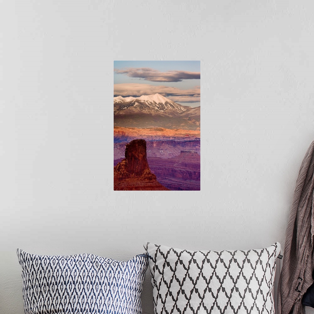 A bohemian room featuring USA, Utah, Dead Horse Point State Park. View of La Sal Mountains at sunset.