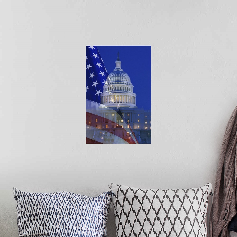 A bohemian room featuring USA, Washington, DC. Digital composite of American flag superimposed over  US Capitol building.
