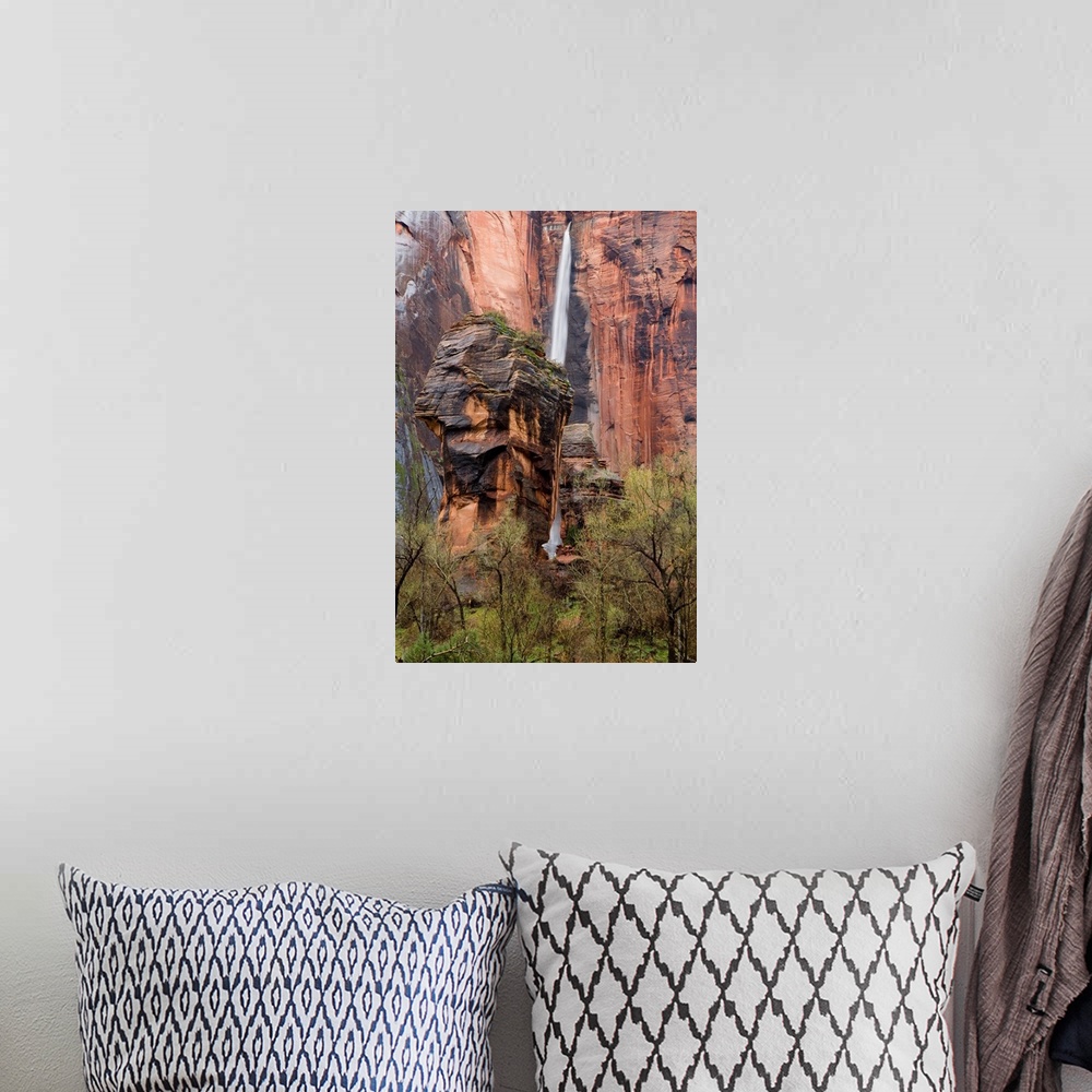 A bohemian room featuring Waterfall thunders down near the Temple of Sinawava in Zion National Park in Utah.