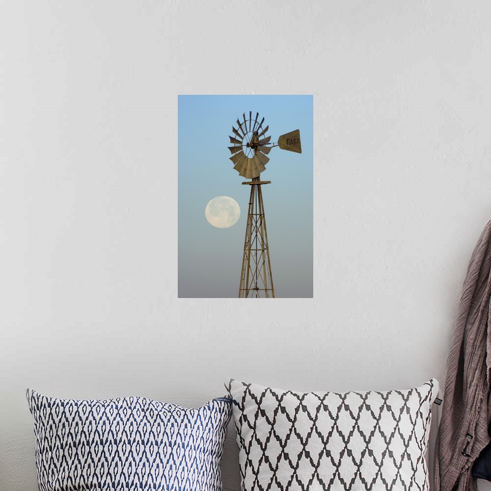 A bohemian room featuring Windmill at sunrise with Full Moon, Canyon, Panhandle, Texas, USA, February 2006