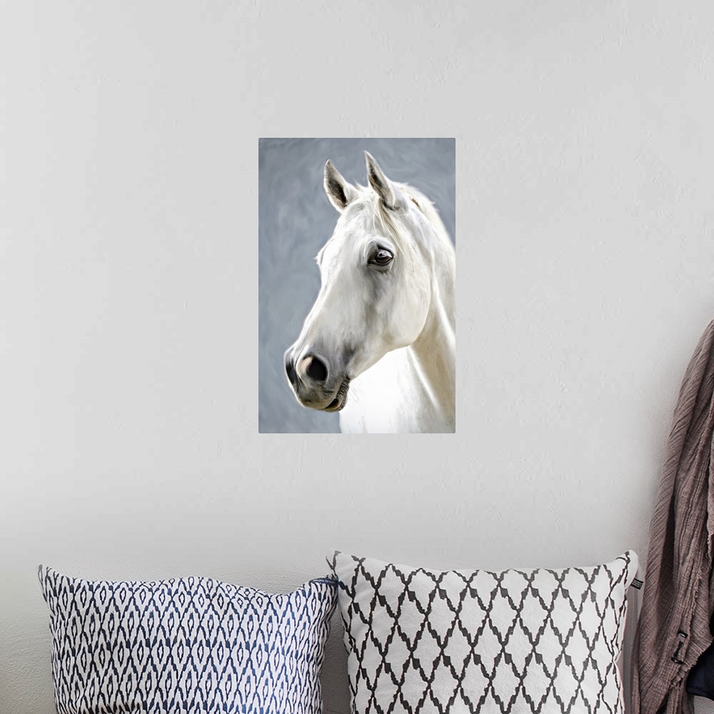 A bohemian room featuring A photograph stylized as painting of a portrait of a white horse.