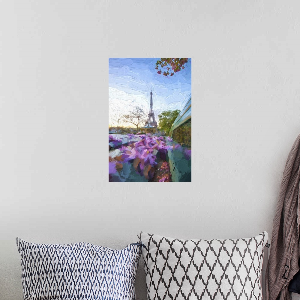 A bohemian room featuring Eiffel tower in an artwork style in Paris, France.