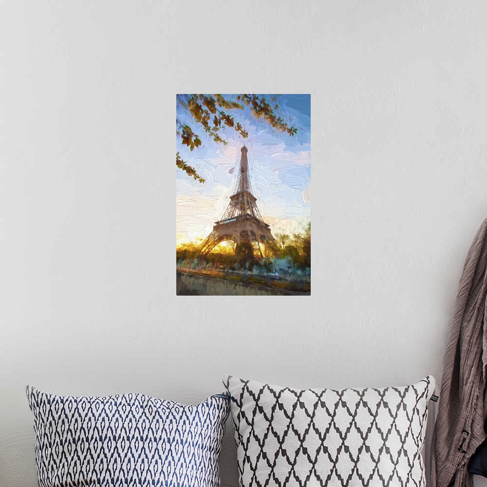 A bohemian room featuring Eiffel tower in an artwork style in Paris, France.